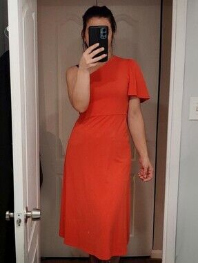 Coral Midi Dress Womens XS / Small A-Line Assymetrical Flutter Sleeve